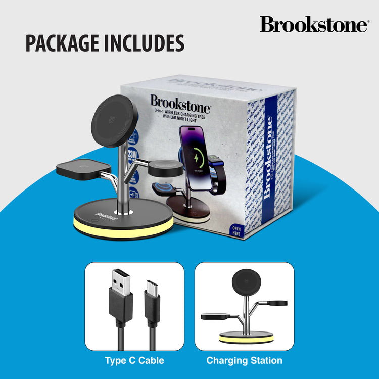 Brookstone 3-in-1 Wireless Charging Station Magnetic Charging Fast Wireless Charger Stand for iPhone 15,14,13,12 Pro Max Series, All iWatch Series & Android Phone with Qi Charging